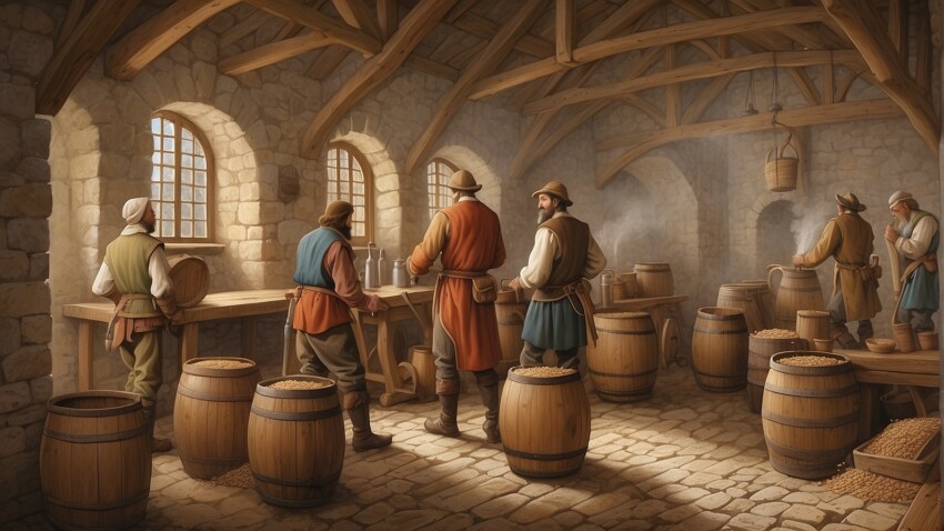 Eine mittelalterliche Szene in einer Brauerei