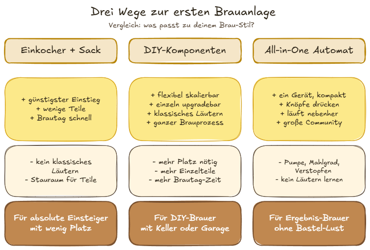 Die drei Arten von Brauanlagen. Ein Kocher mit Sack, DIY-Anlage oder All-in-One-Anlage. 