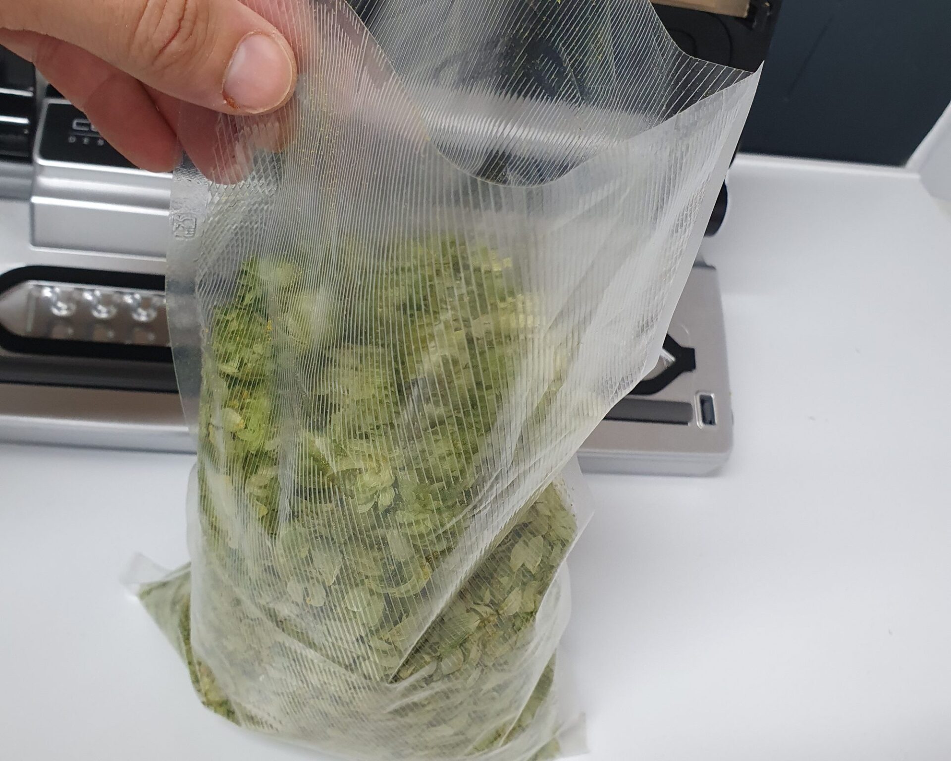 Hand hält einen Vakuumbeutel mit getrockneten Hopfendolden vor einem Vakuumiergerät zum Einlagern der Ernte